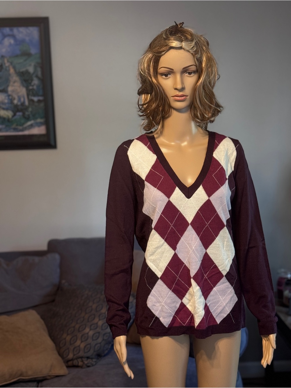 New York & Company Burgundy and Cream Argyle V-Neck Sweater